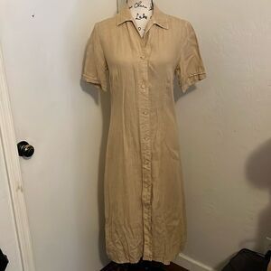 120% Lino Tan 100% Linen Button Closure Casual Dress Coastal Resort Minimalist